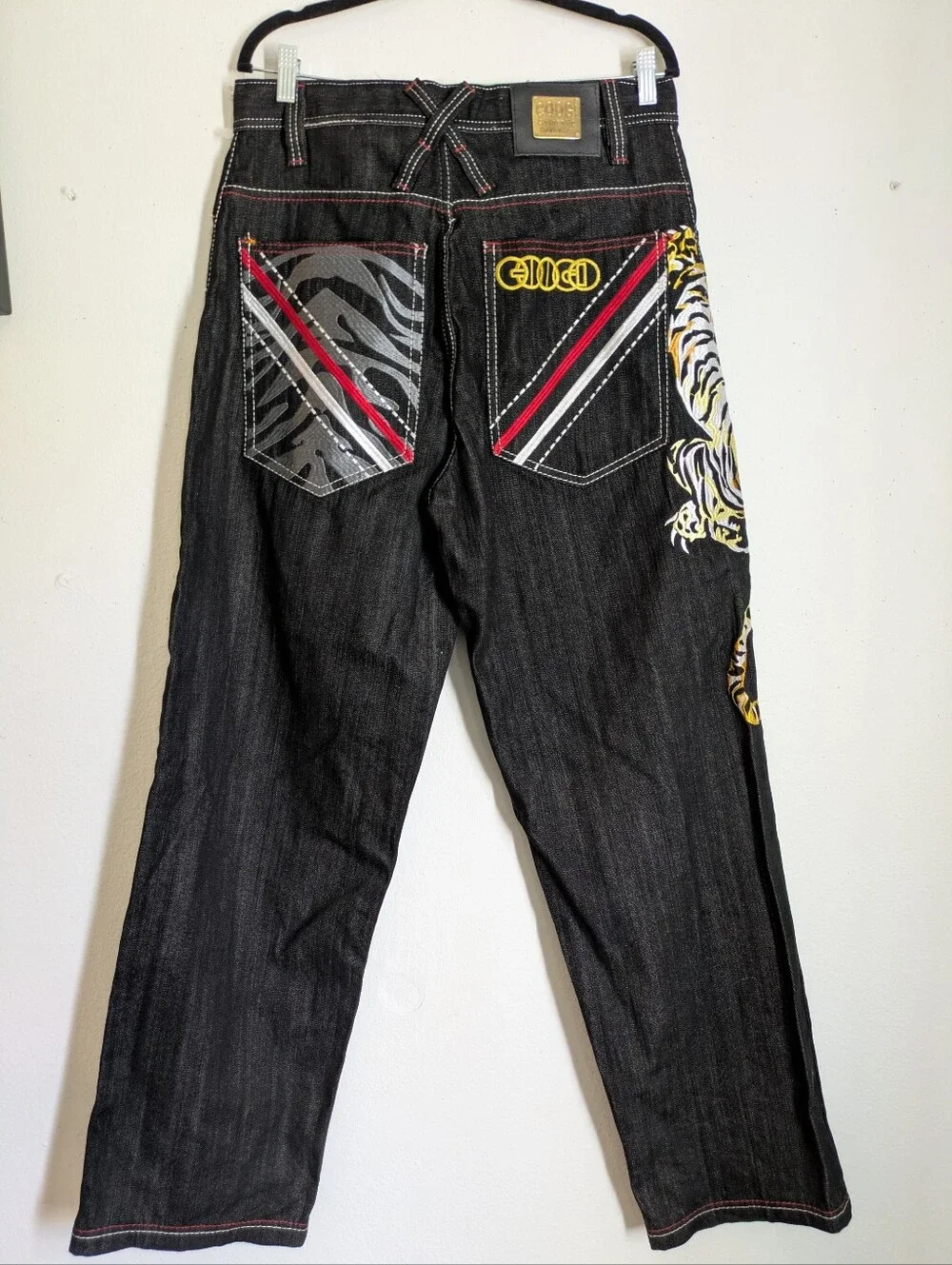 Coogi Authentic Australian Black Denim Jeans Tiger Embroidered Sz 32x34 Y2K